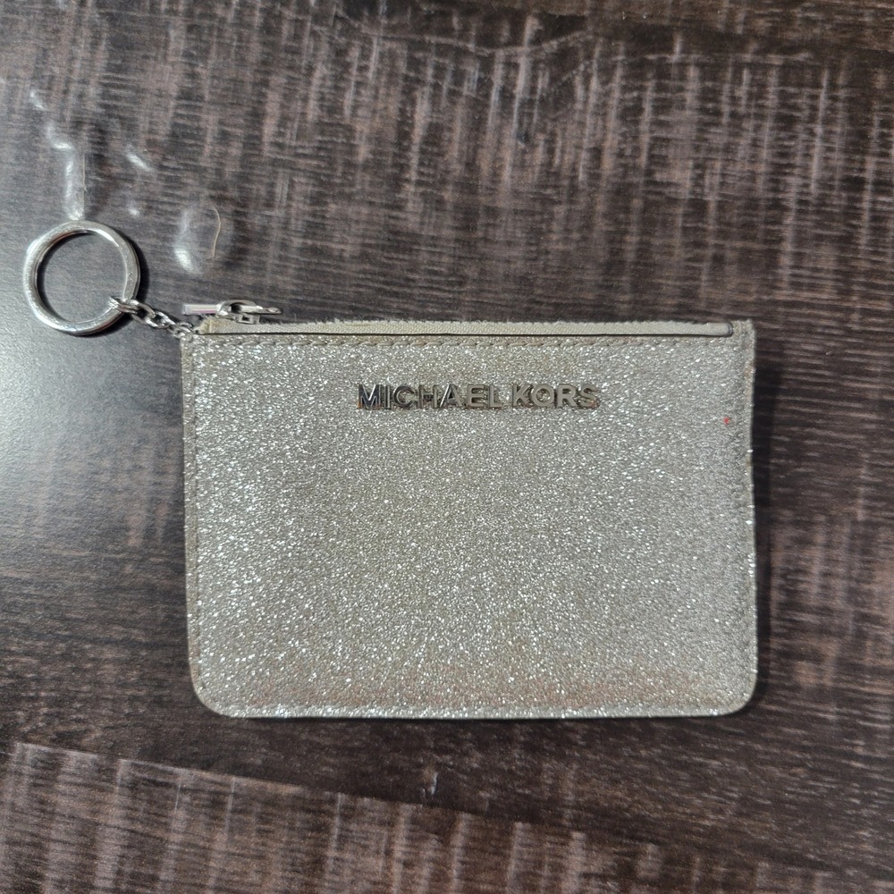 Michael Kors Silver Glitter Key Ring Coin Purse Pouch Zip Card Holder ID Slot